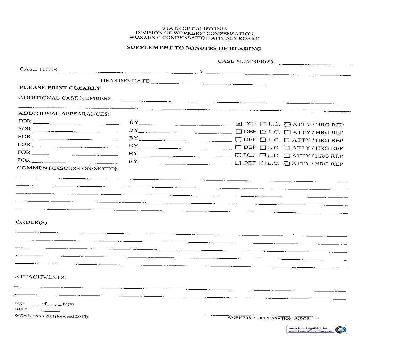 Supplement To Minutes Of Hearing {WCAB 20.1} | Pdf Fpdf Doc Docx | California