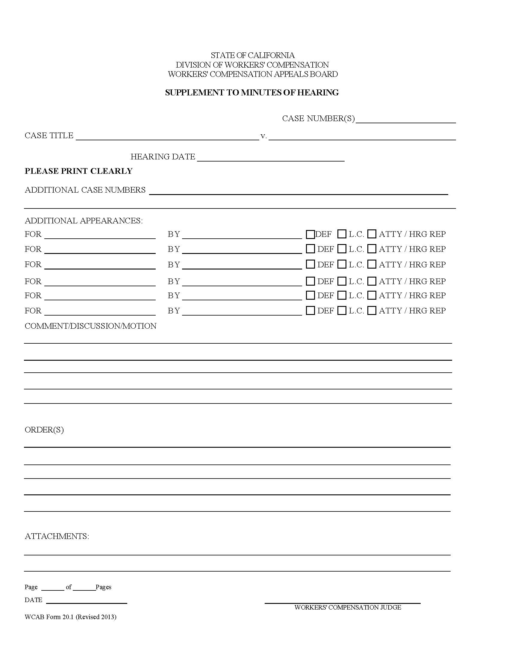 Supplement To Minutes Of Hearing {WCAB 20.1} | Pdf Fpdf Doc Docx | California