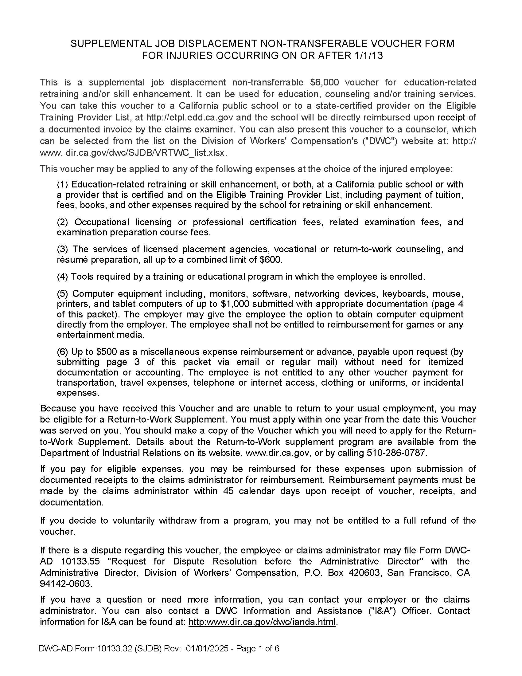 Supplemental Job Displacement Non-Transferable Voucher (On Or After 1-1-13) {DWC AD 10133.32} | Pdf Fpdf Doc Docx | California