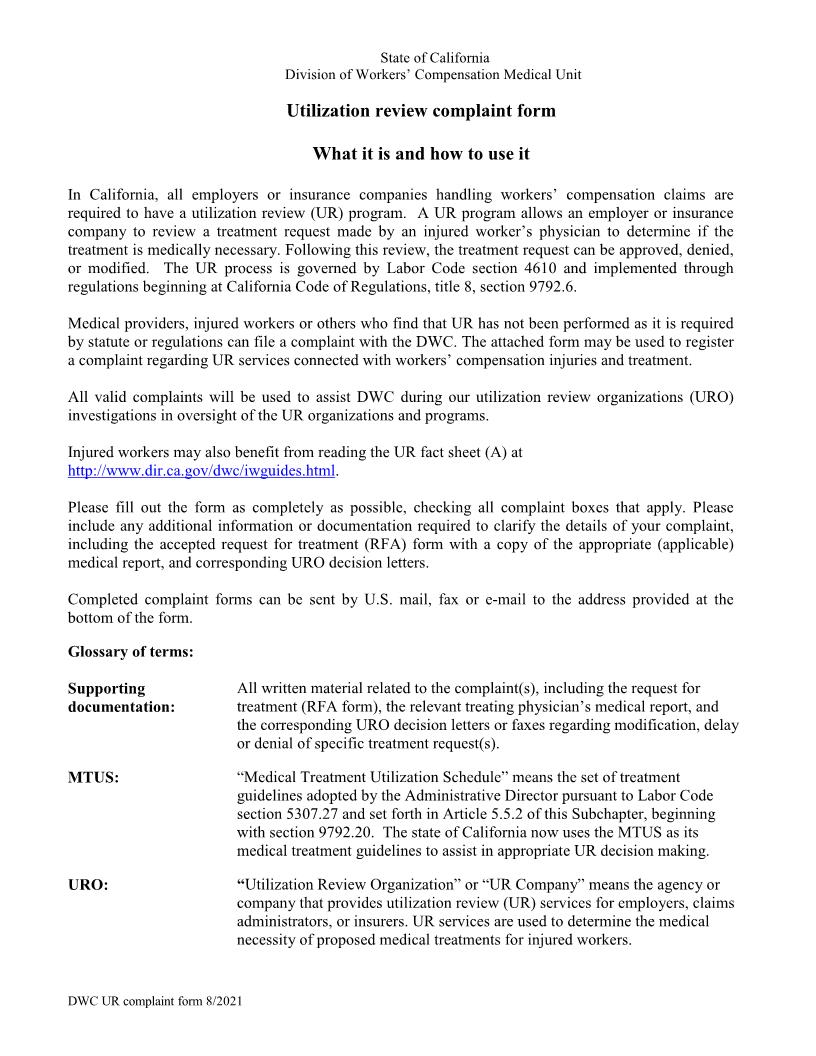 Utilization Review (UR) Complaint Form {DWC UR 1} | Pdf Fpdf Doc Docx | California