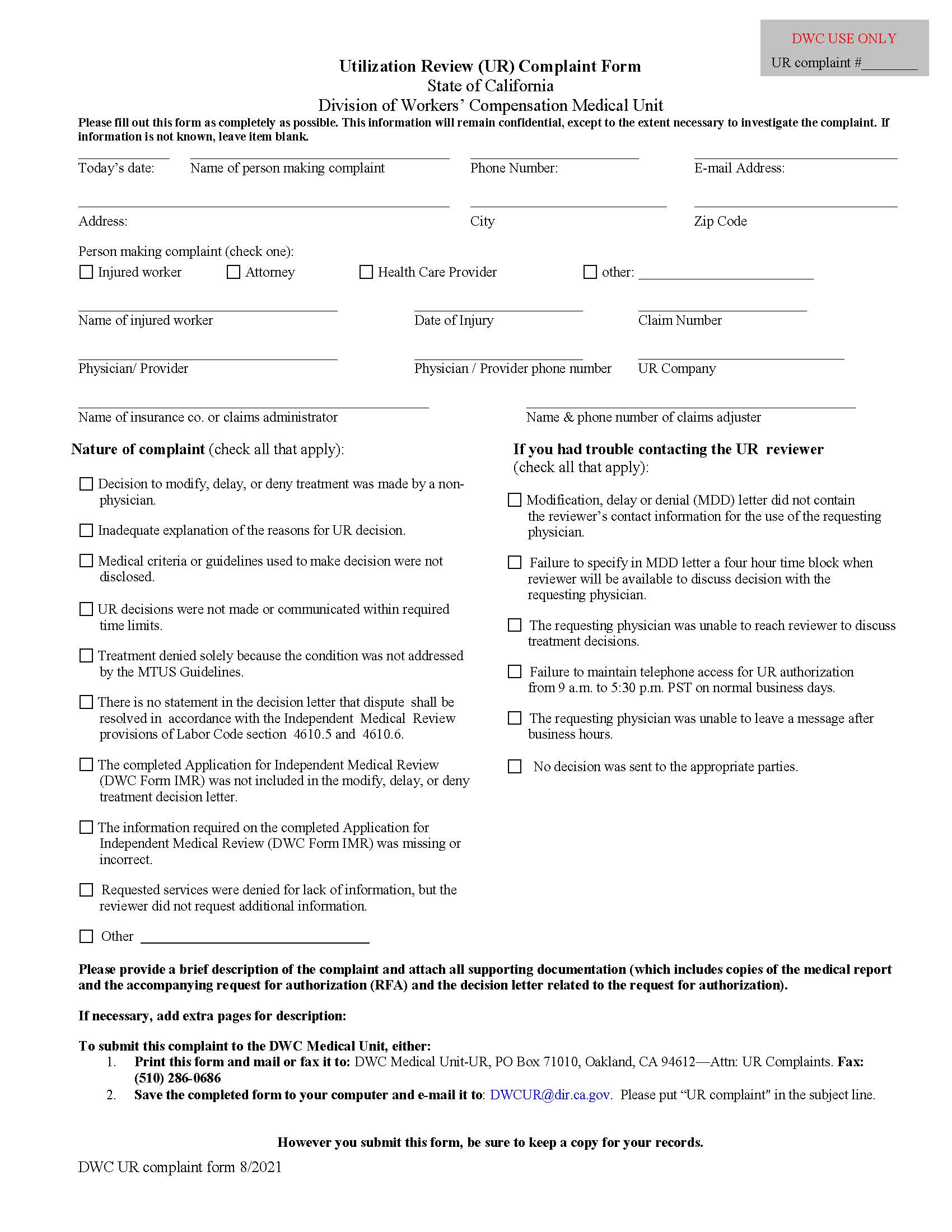 Utilization Review (UR) Complaint Form {DWC UR 1} | Pdf Fpdf Doc Docx | California