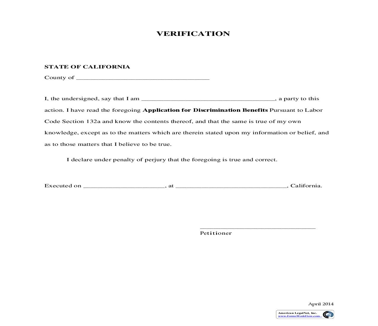 Verification (Application For Discrimination Benefits Pursuant To Labor Code Section 132a) | Pdf Fpdf Doc Docx | California