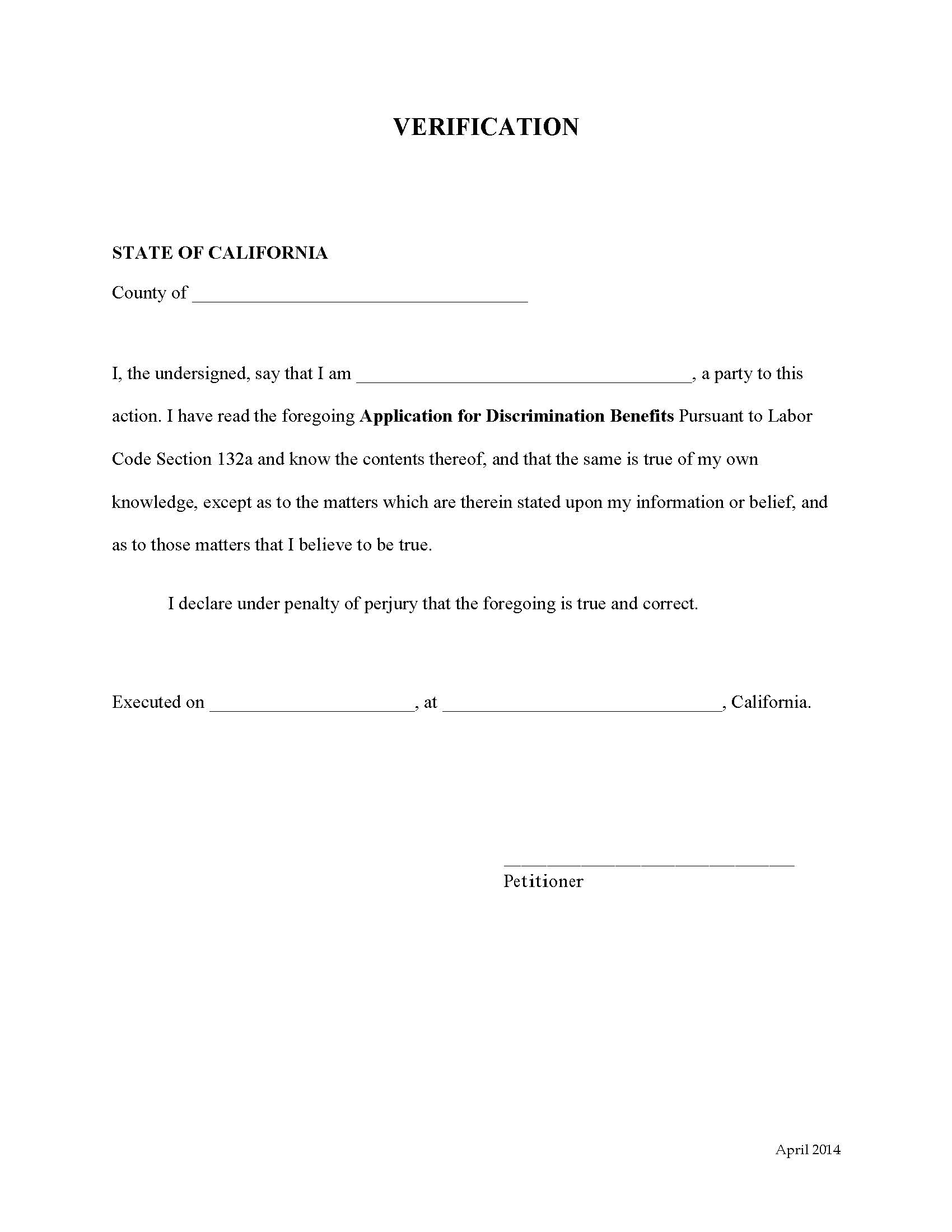 Verification (Application For Discrimination Benefits Pursuant To Labor Code Section 132a) | Pdf Fpdf Doc Docx | California