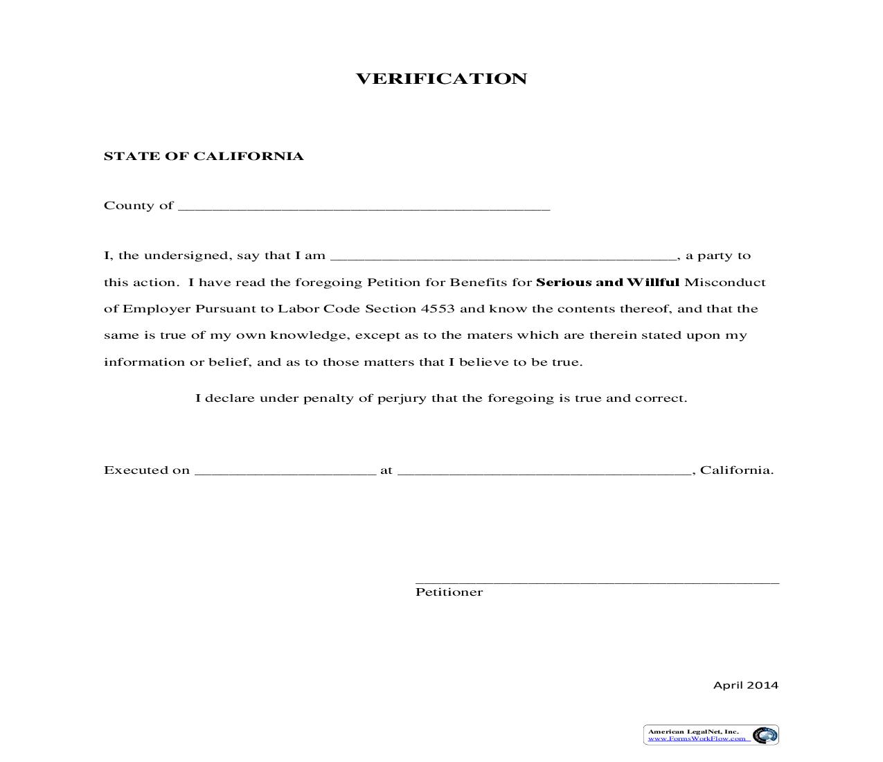 Verification (Petition For Benefits For Serious And Willful Misconduct Of Employer) | Pdf Fpdf Doc Docx | California