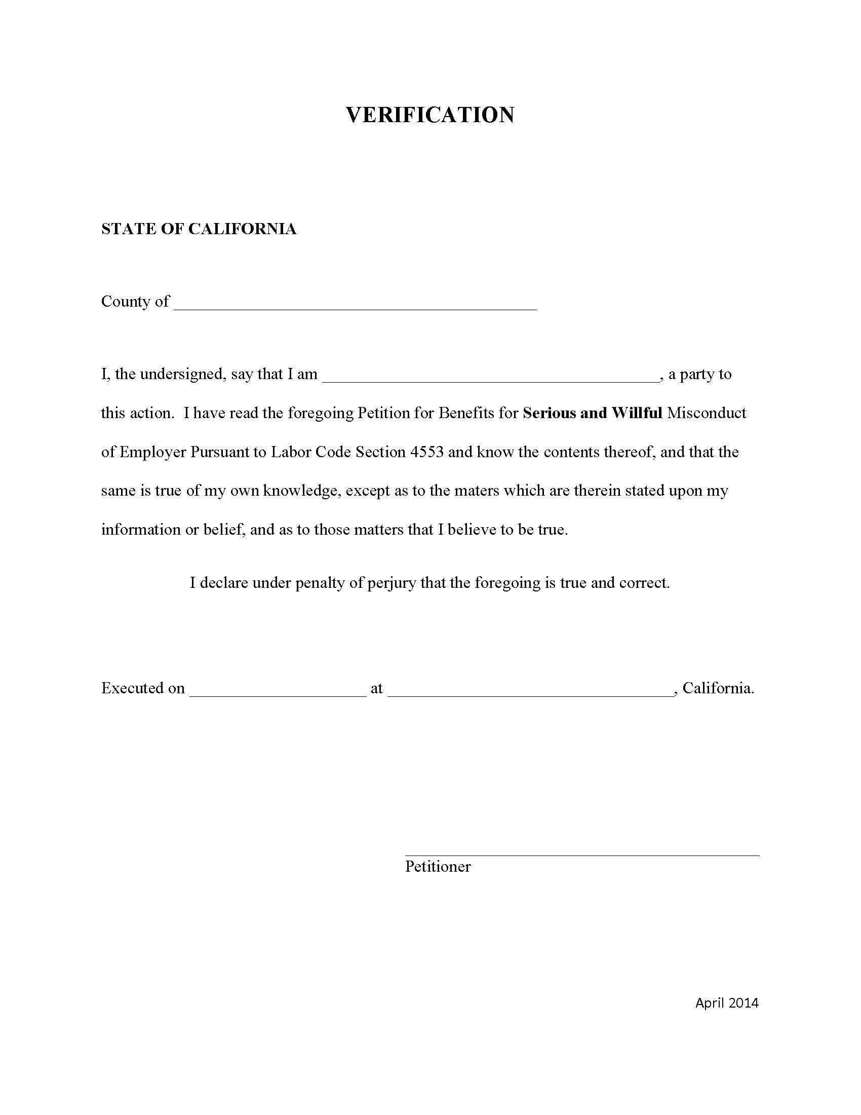 Verification (Petition For Benefits For Serious And Willful Misconduct Of Employer) | Pdf Fpdf Doc Docx | California