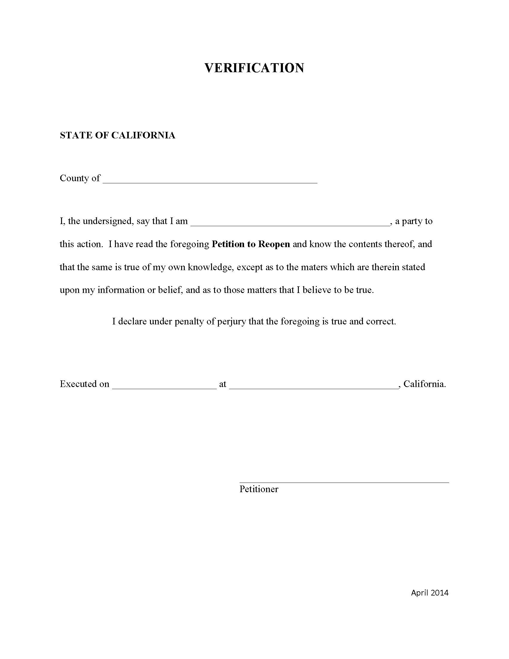 Verification (Petition To Reopen) | Pdf Fpdf Doc Docx | California