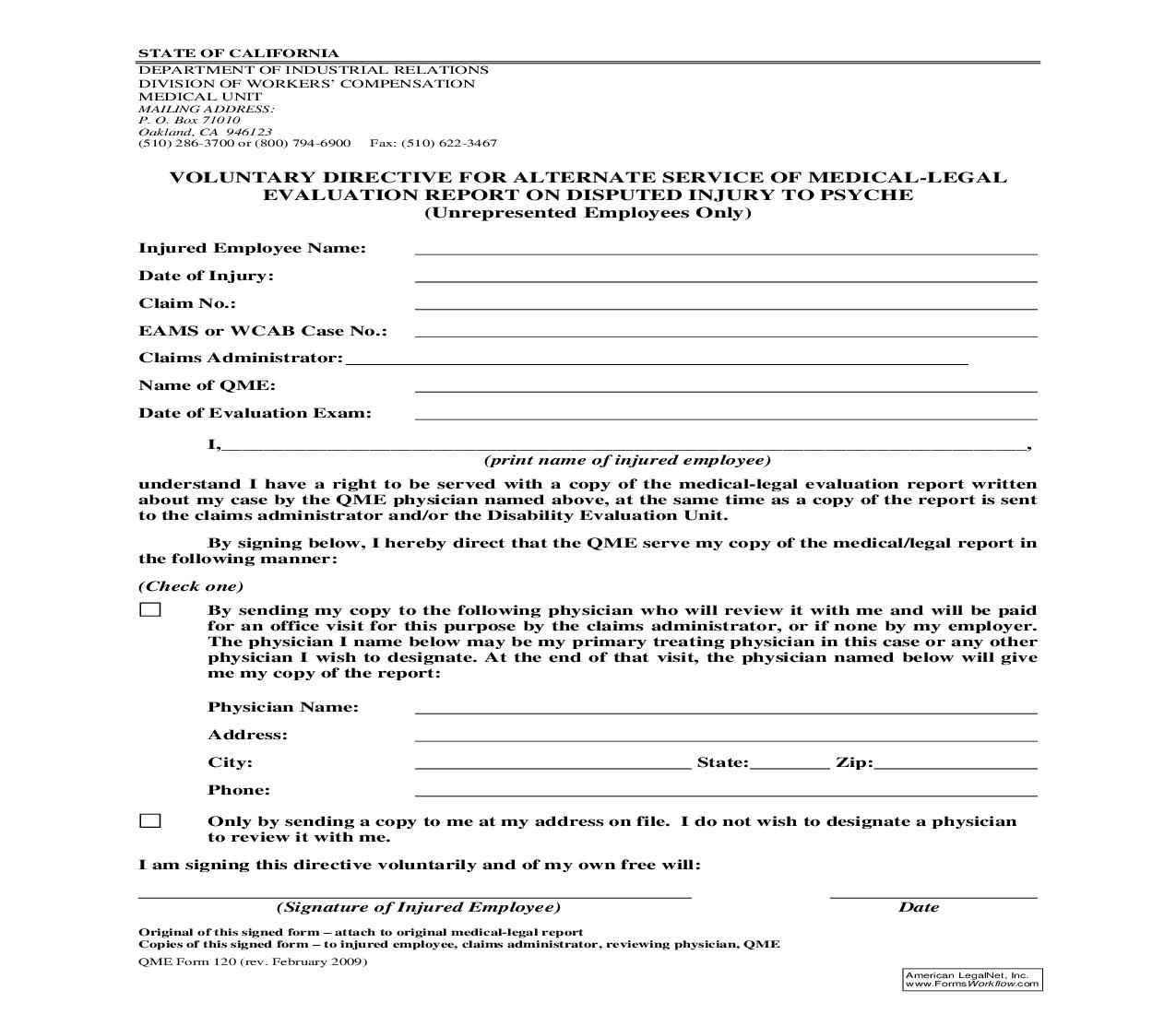 Voluntary Directive For Alternative Service Of Medical Evaluation Report On Disputed Injury {QME 120} | Pdf Fpdf Doc Docx | California