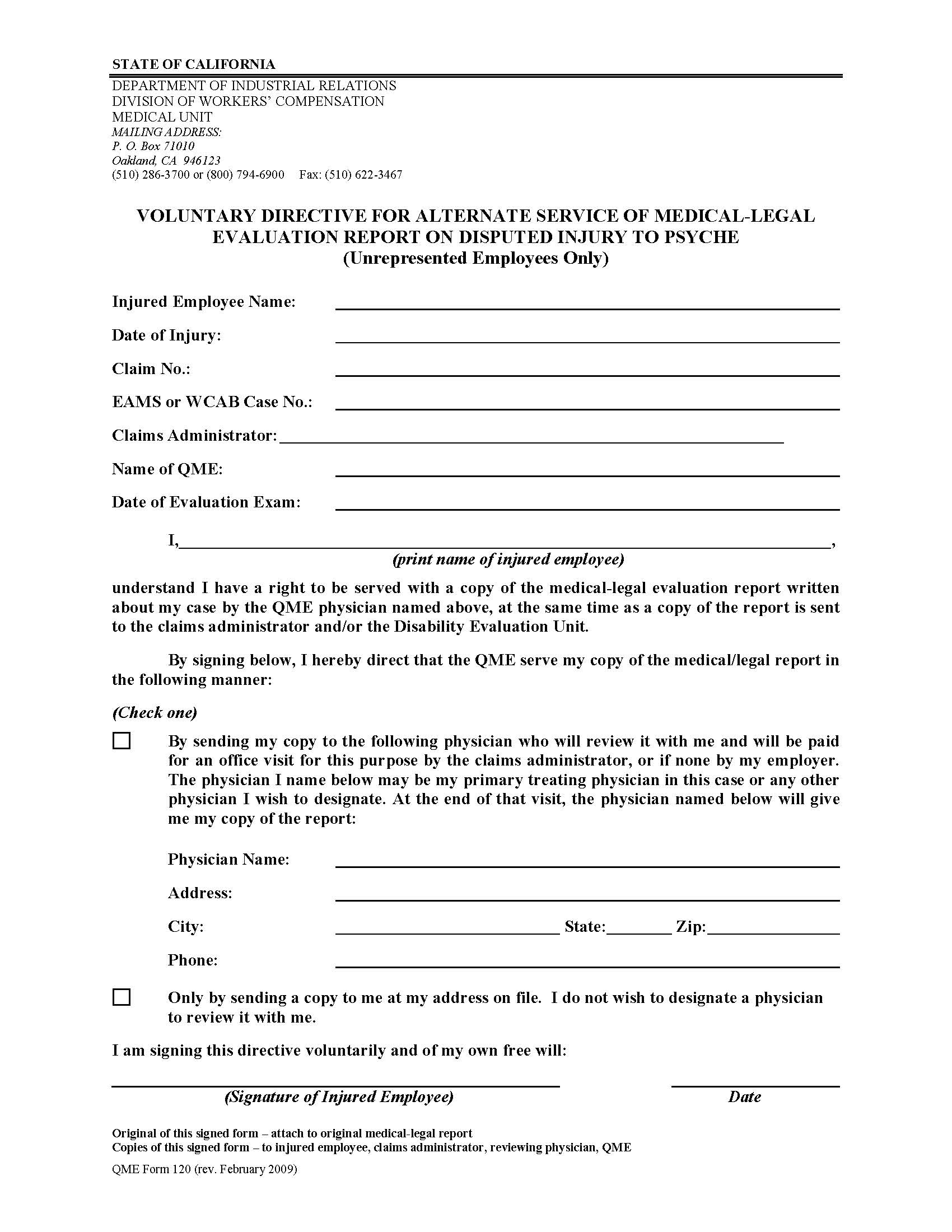 Voluntary Directive For Alternative Service Of Medical Evaluation Report On Disputed Injury {QME 120} | Pdf Fpdf Doc Docx | California