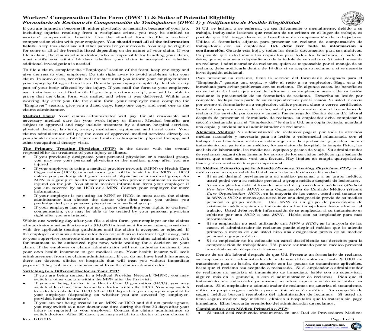 Workers Compensation Claim Form (DWC 1) And Notice Of Potential Eligibility {DWC 1} | Pdf Fpdf Doc Docx | California