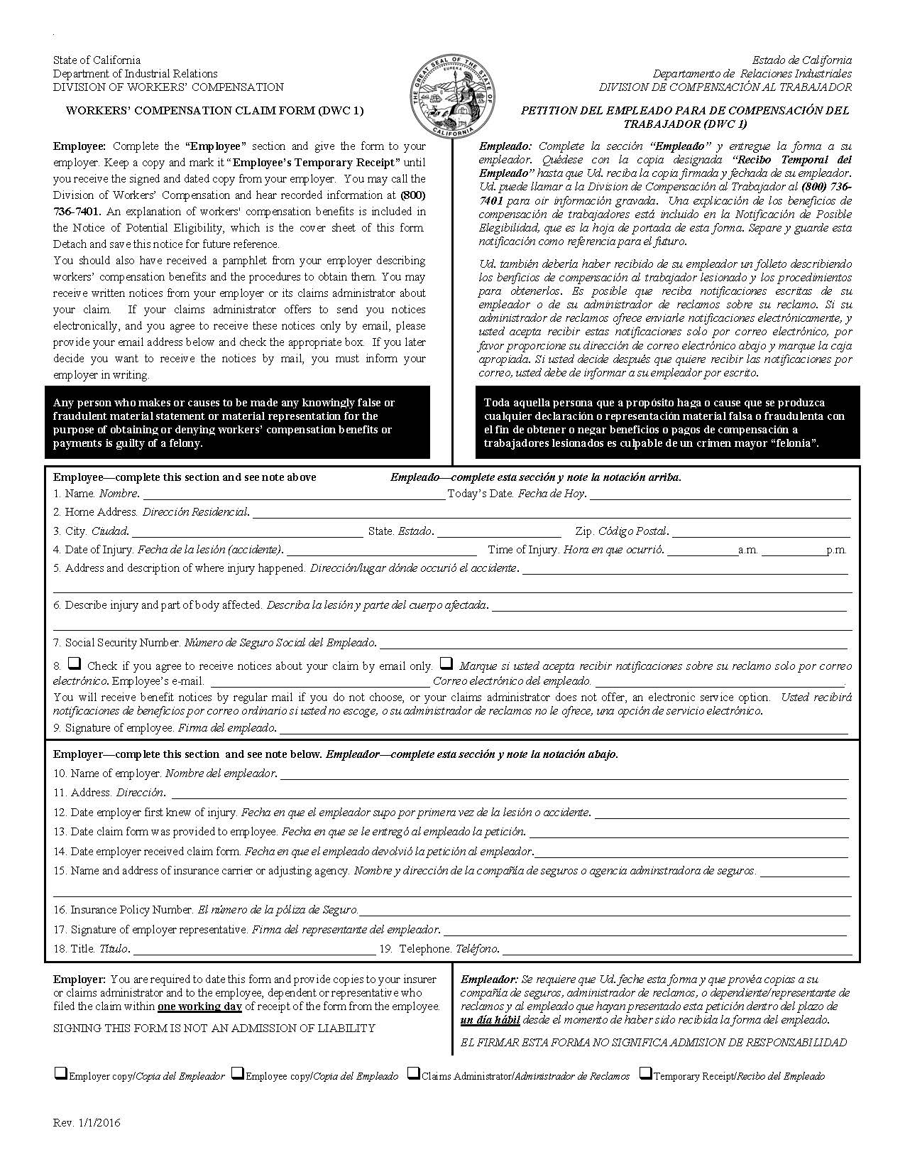Workers Compensation Claim Form (DWC 1) And Notice Of Potential Eligibility {DWC 1} | Pdf Fpdf Doc Docx | California