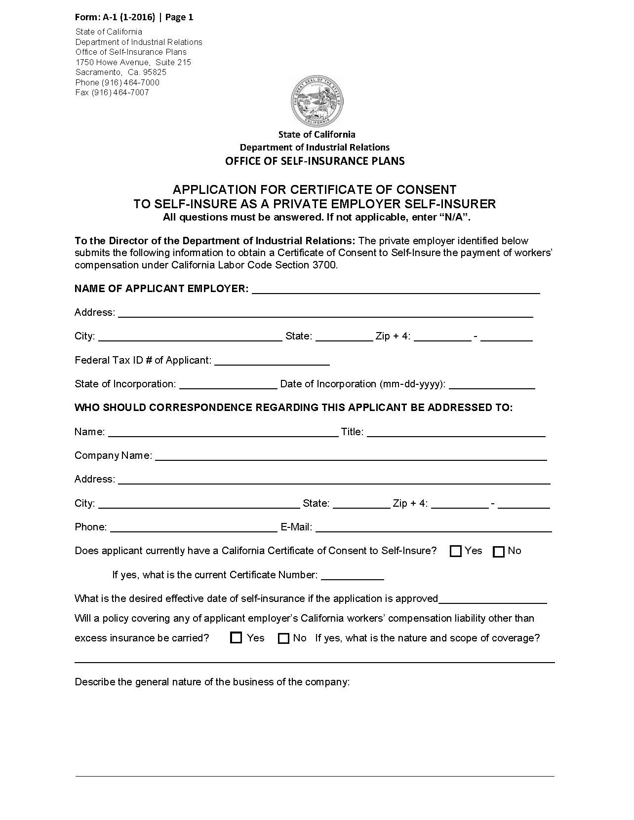 Form A-1 Application For A Private Entity Certificate Of Consent To Self Insure {A-1} | Pdf Fpdf Docx | California