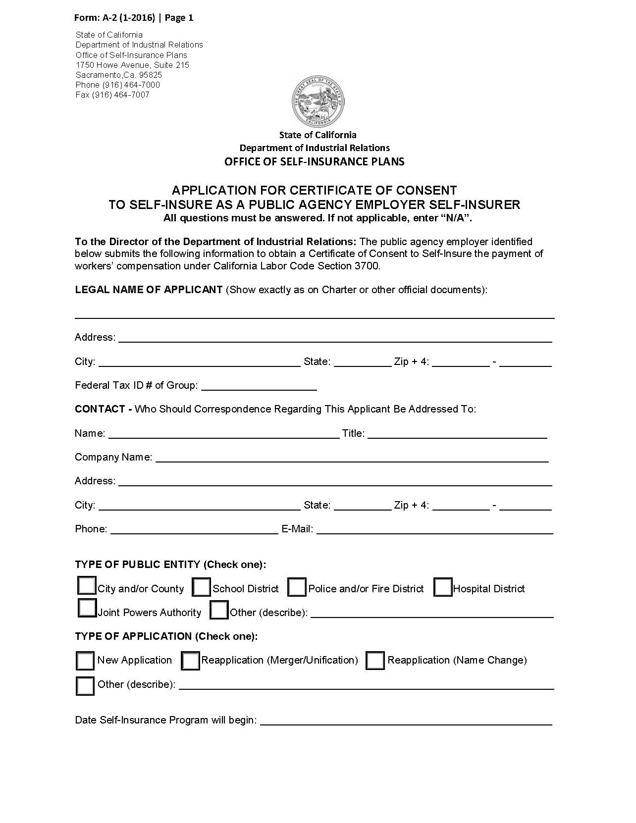 Form A-2 Application For-A Public Entity Certificate To Self-Insurer {A-2} | Pdf Fpdf Doc Docx | California