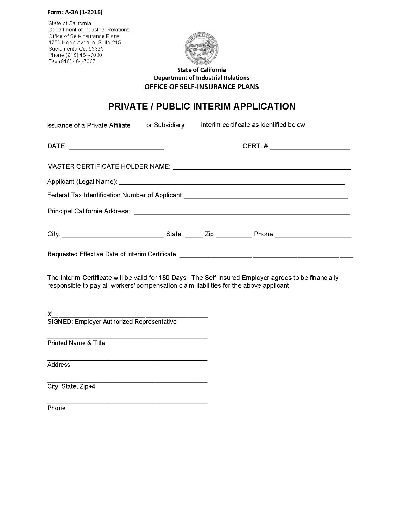 Form A-3A Private Affiliate Interim Application {A-3A} | Pdf Fpdf Docx | California