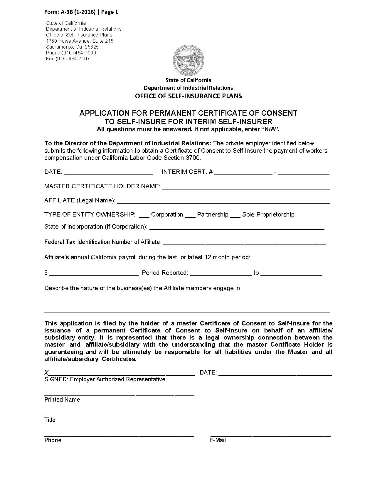 Form A-3B Application For A Permanent Certificate Of Consent To Self Insure {A-3B} | Pdf Fpdf Doc Docx | California