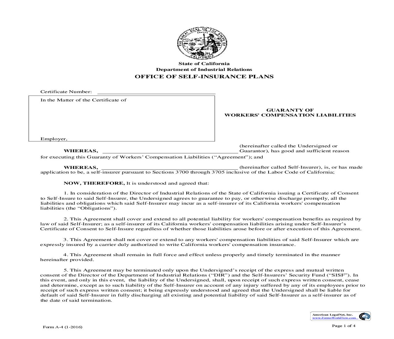 Form A-4 Agreement Of Assumption And Guarantee Of Workers Compensation Liabilities {A-4} | Pdf Fpdf Doc Docx | California