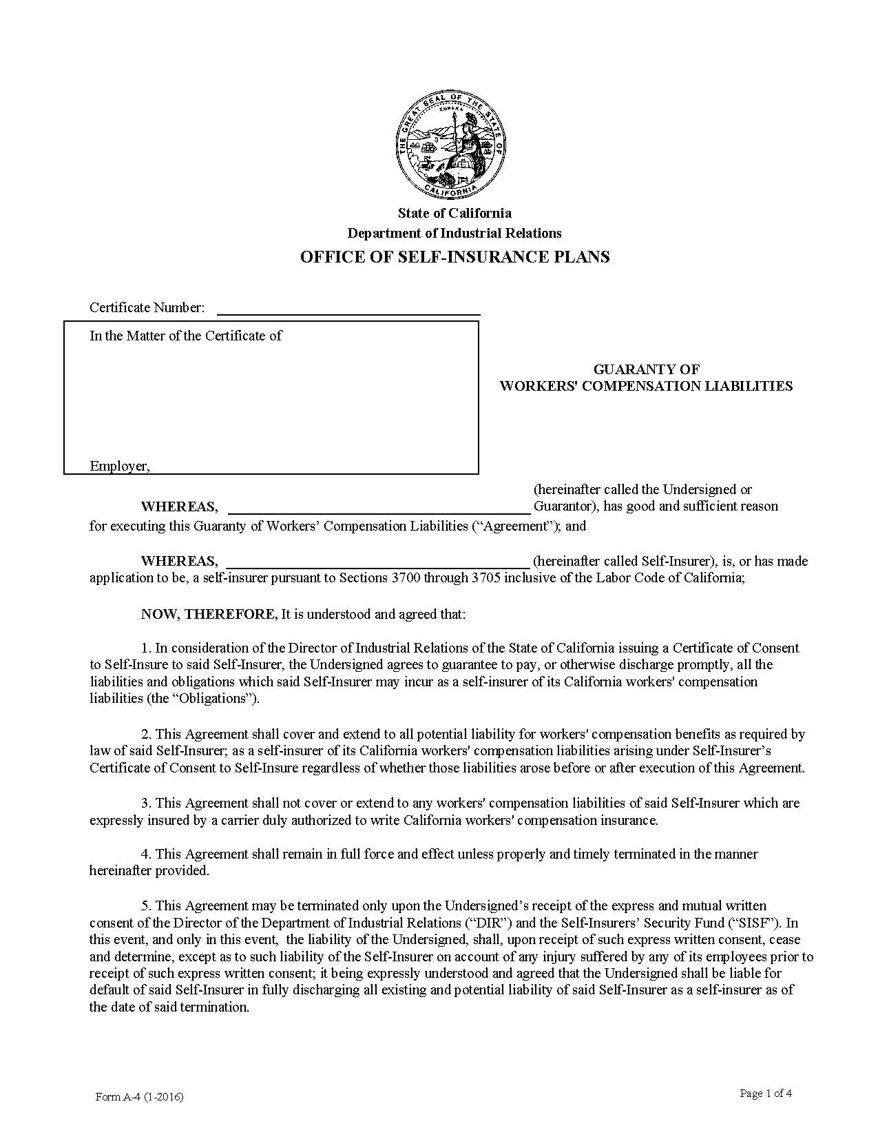 Form A-4 Agreement Of Assumption And Guarantee Of Workers Compensation Liabilities {A-4} | Pdf Fpdf Doc Docx | California