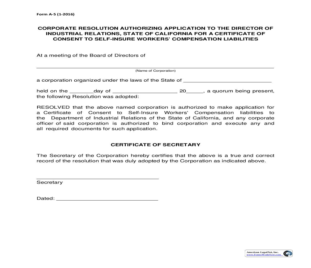 Form A-5 Corporate Resolution Authorizing Application {A-5} | Pdf Fpdf Doc Docx | California