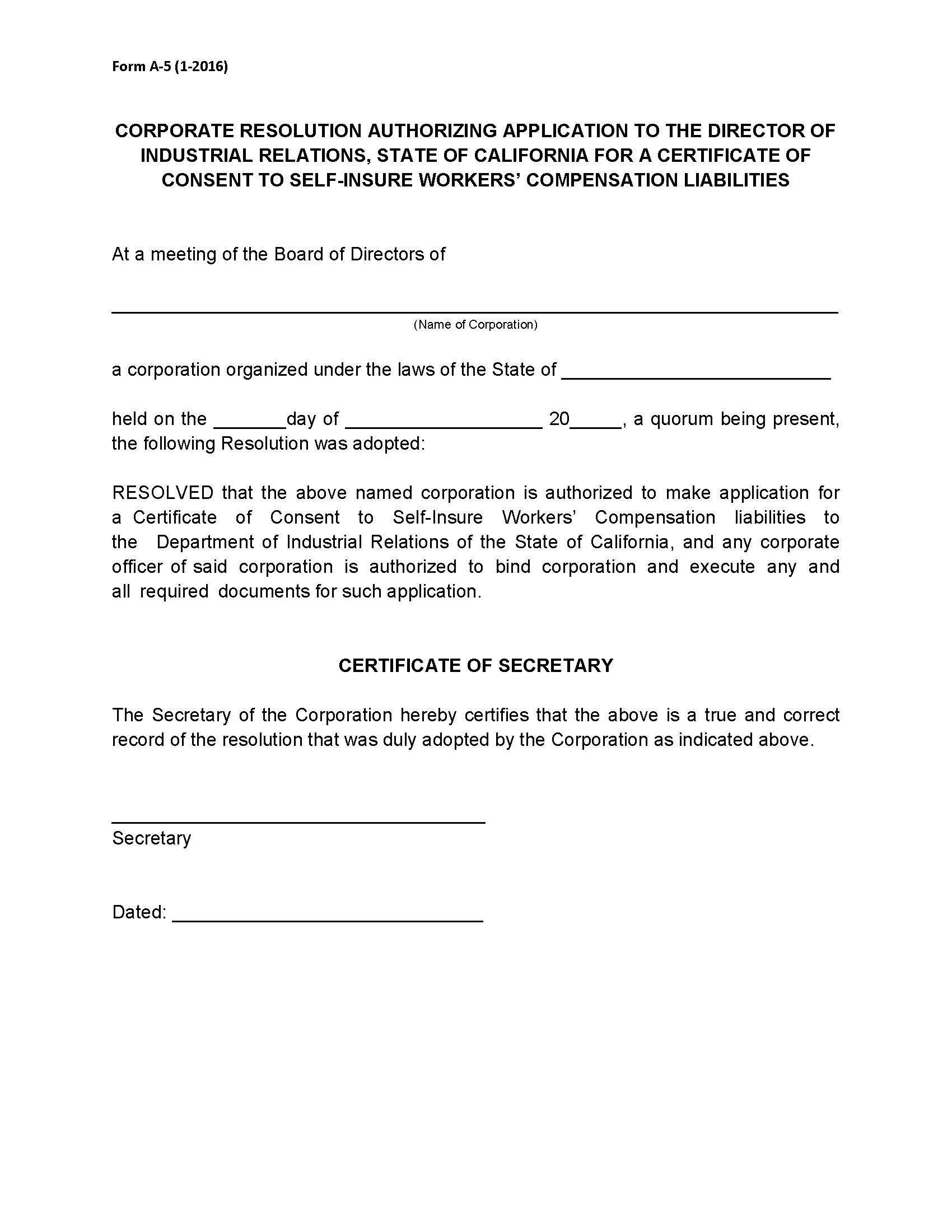 Form A-5 Corporate Resolution Authorizing Application {A-5} | Pdf Fpdf Doc Docx | California