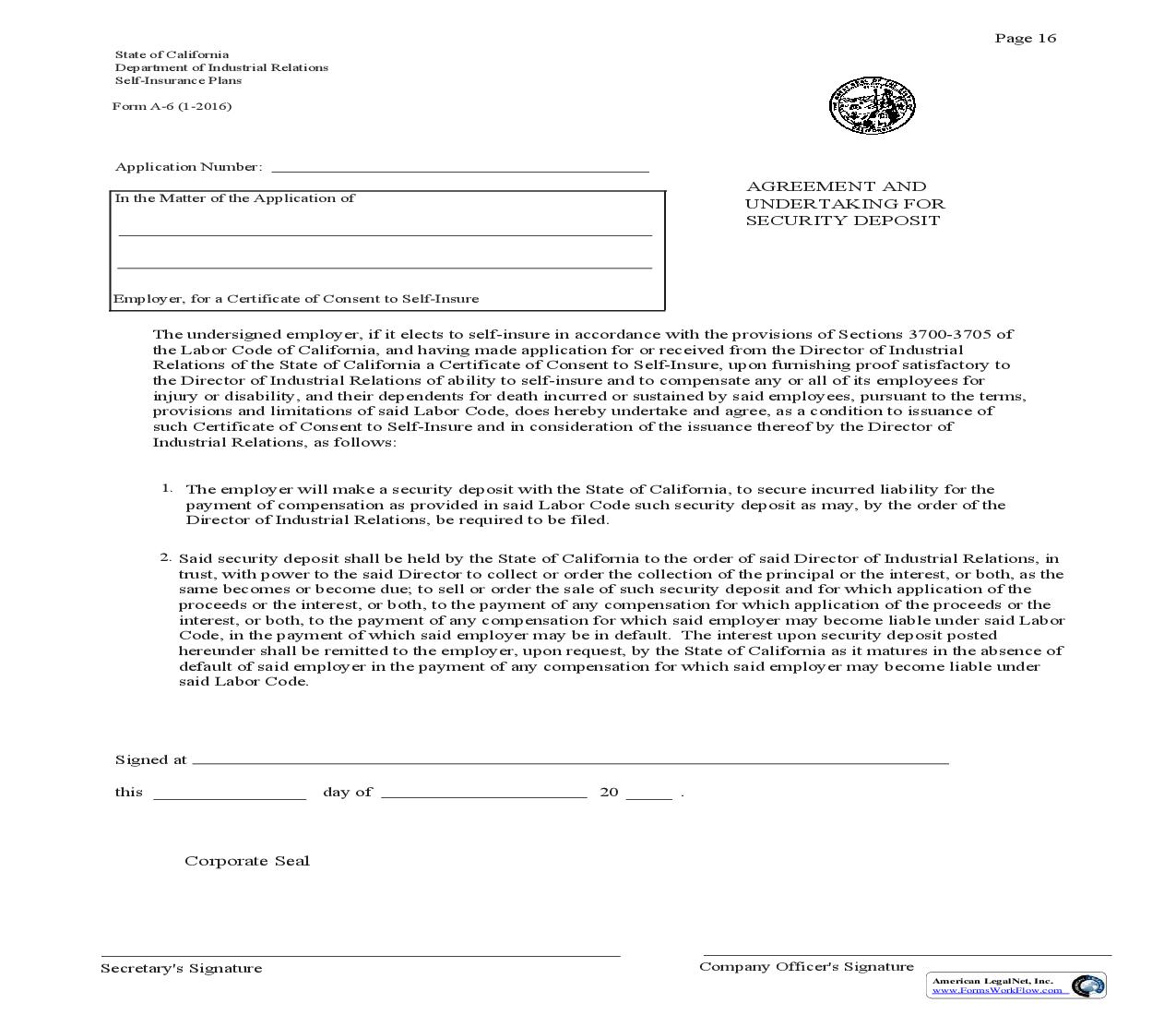 Form A-6 Agreement And Undertaking For Security Deposit {A-6} | Pdf Fpdf Doc Docx | California