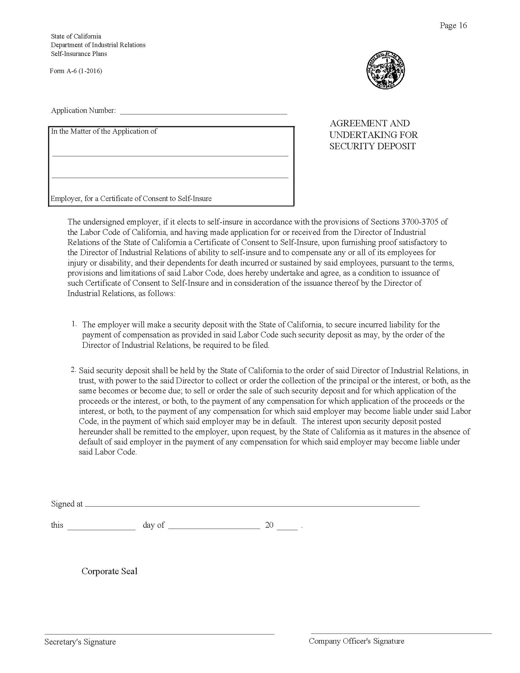 Form A-6 Agreement And Undertaking For Security Deposit {A-6} | Pdf Fpdf Doc Docx | California