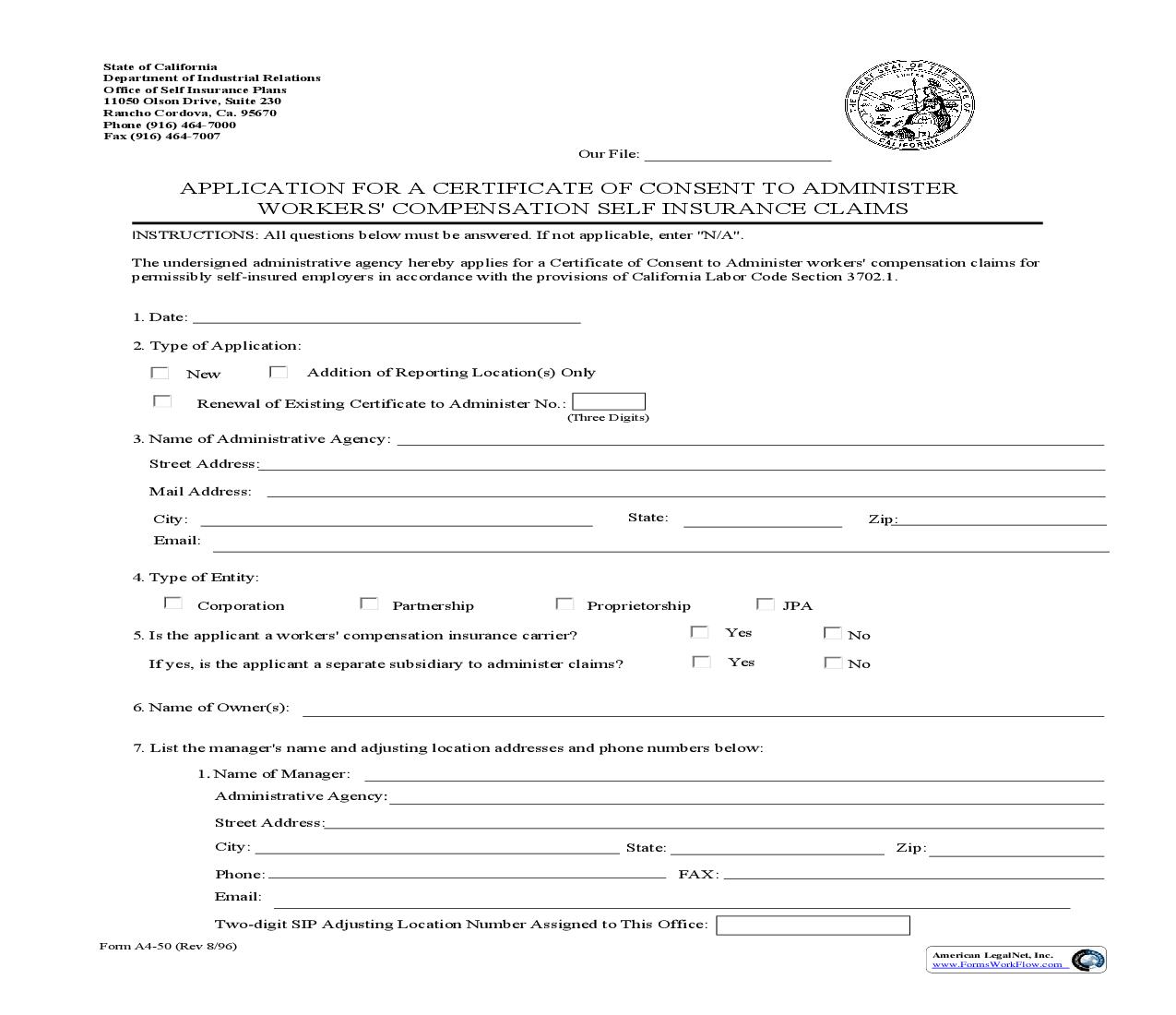 Form A4-50 Application For A Certificate To Administer WC Claims {A4-50} | Pdf Fpdf Doc Docx | California
