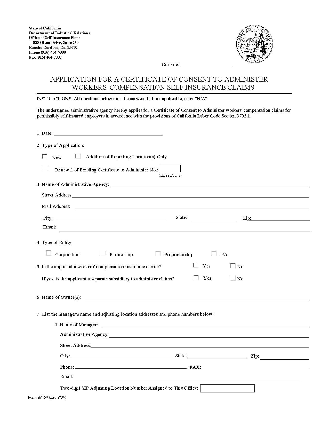 Form A4-50 Application For A Certificate To Administer WC Claims {A4-50} | Pdf Fpdf Doc Docx | California