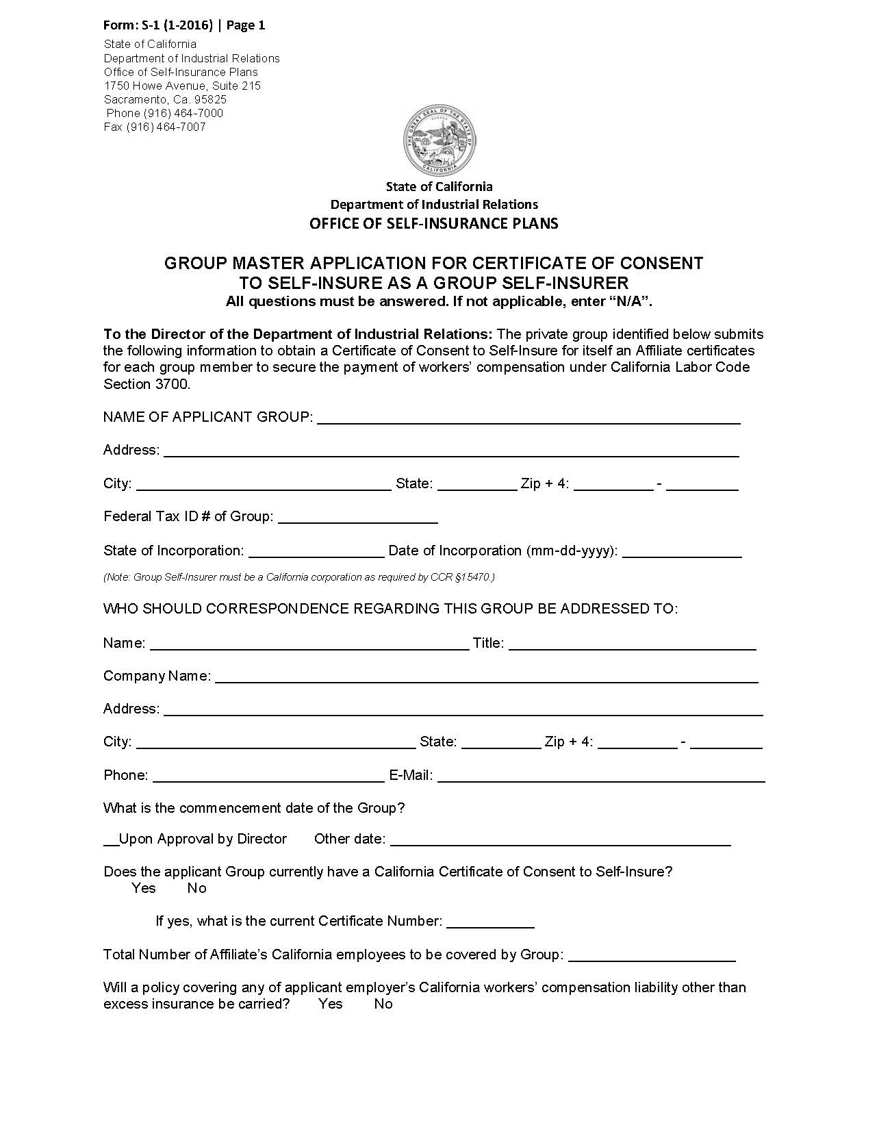 Form S-1 Group Master Application For Certificate Of Consent To Self Insure {S-1} | Pdf Fpdf Docx | California