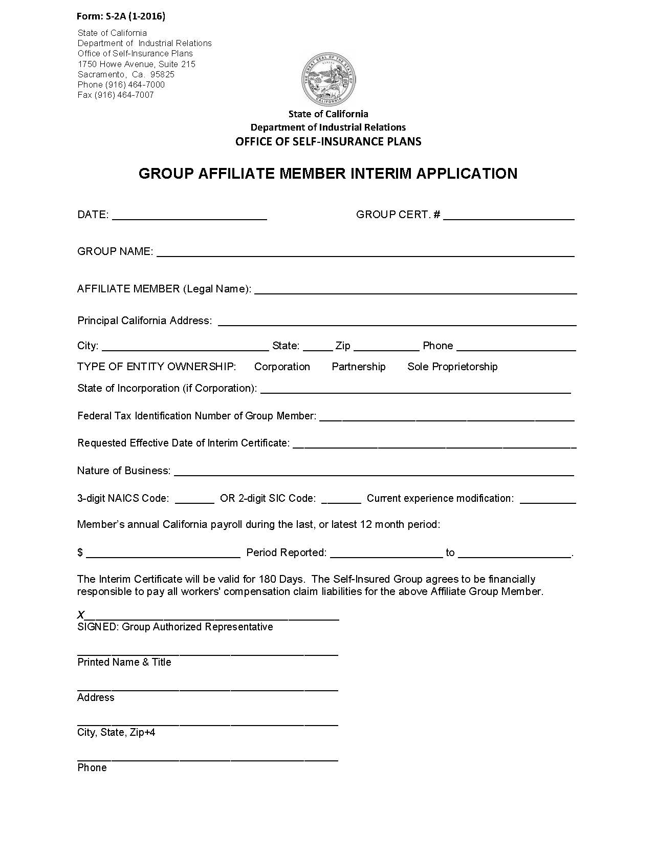 Form S-2A Group Affiliate Member Interim Application {S-2A} | Pdf Fpdf Docx | California