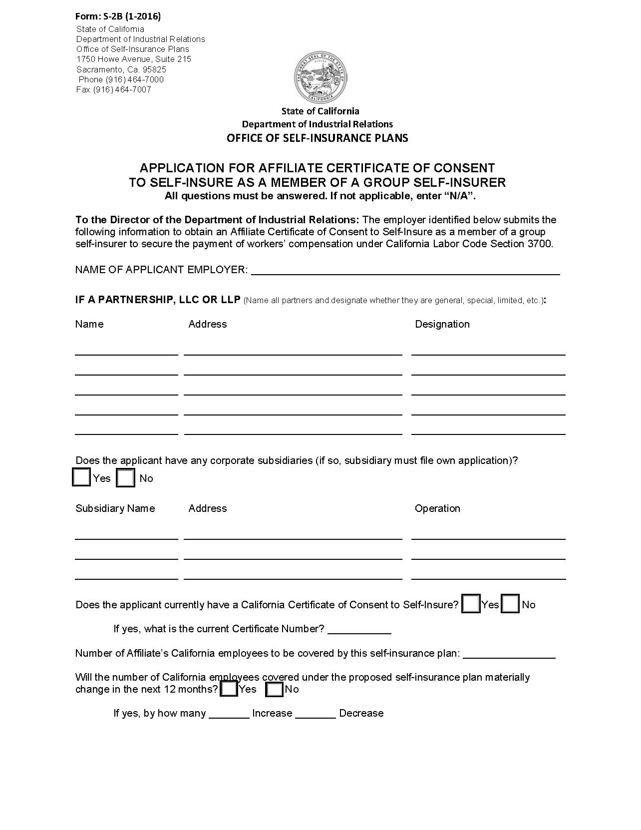 Form S-2B Application For Affiliate Certificate Of Consent To Self-Insure {S-2B} | Pdf Fpdf Docx | California