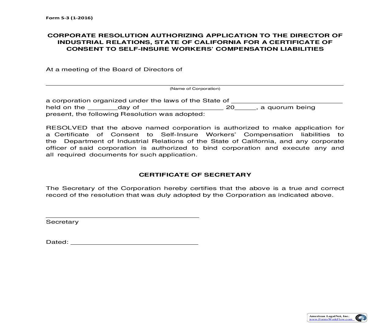 Form S-3 Corporate Resolution {S-3} | Pdf Fpdf Doc Docx | California