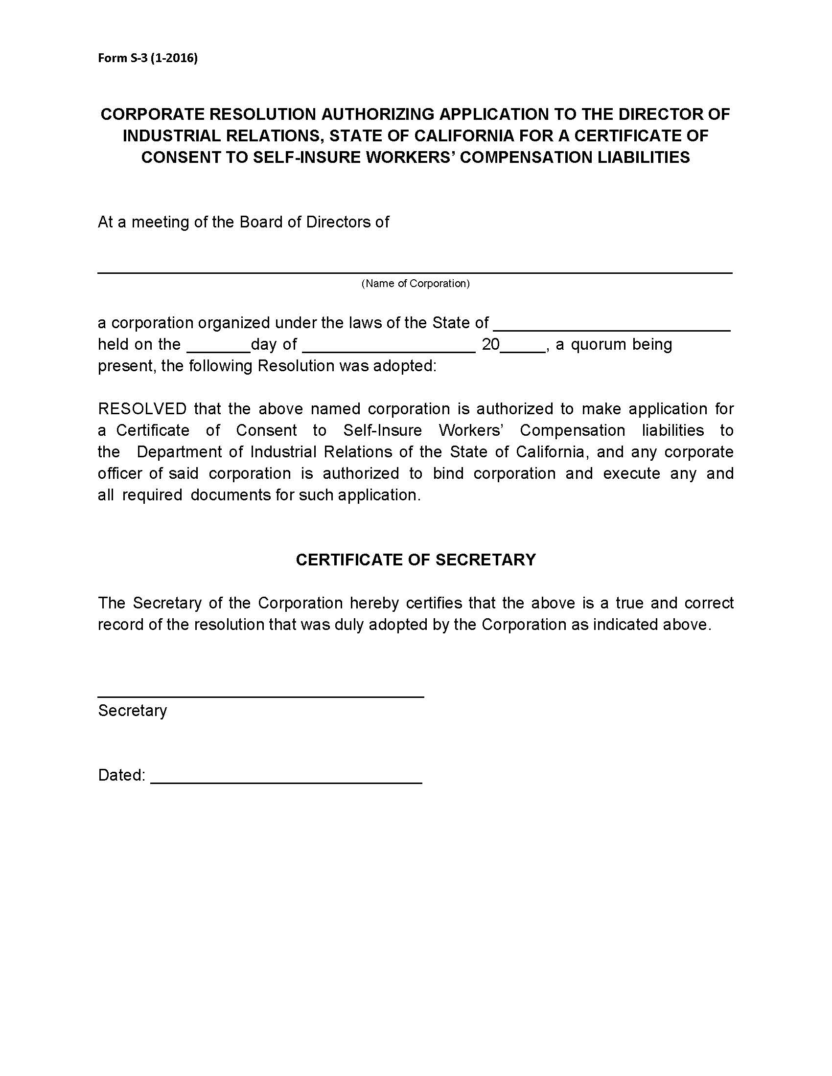 Form S-3 Corporate Resolution {S-3} | Pdf Fpdf Doc Docx | California