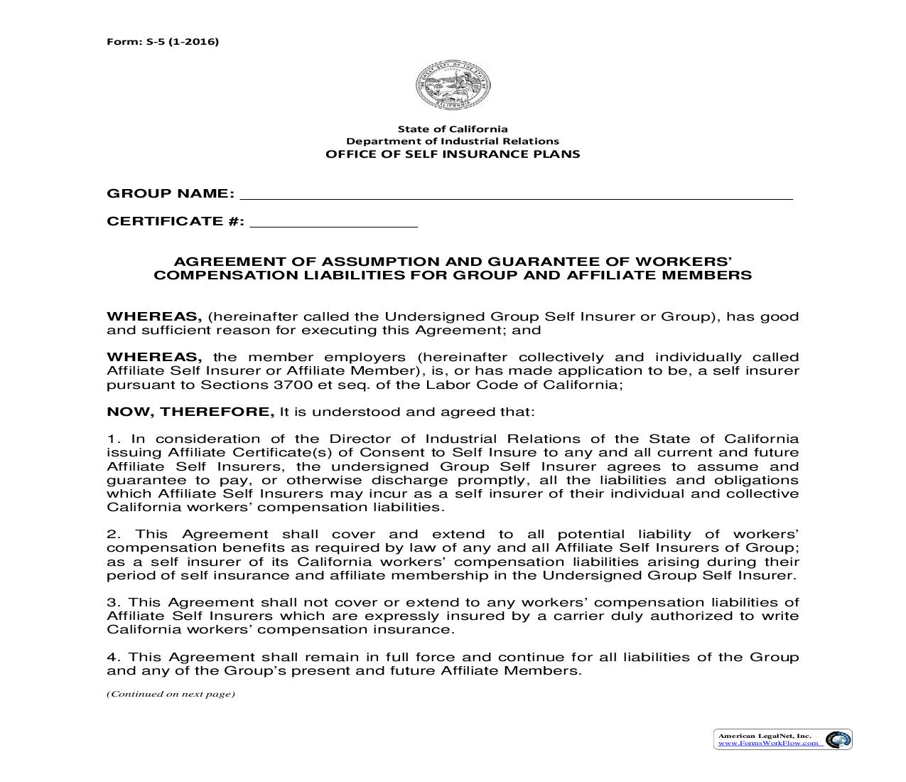 Form S-5 Agreement Of Assumption And Guarantee Of Workers Compensation {S-5} | Pdf Fpdf Doc Docx | California