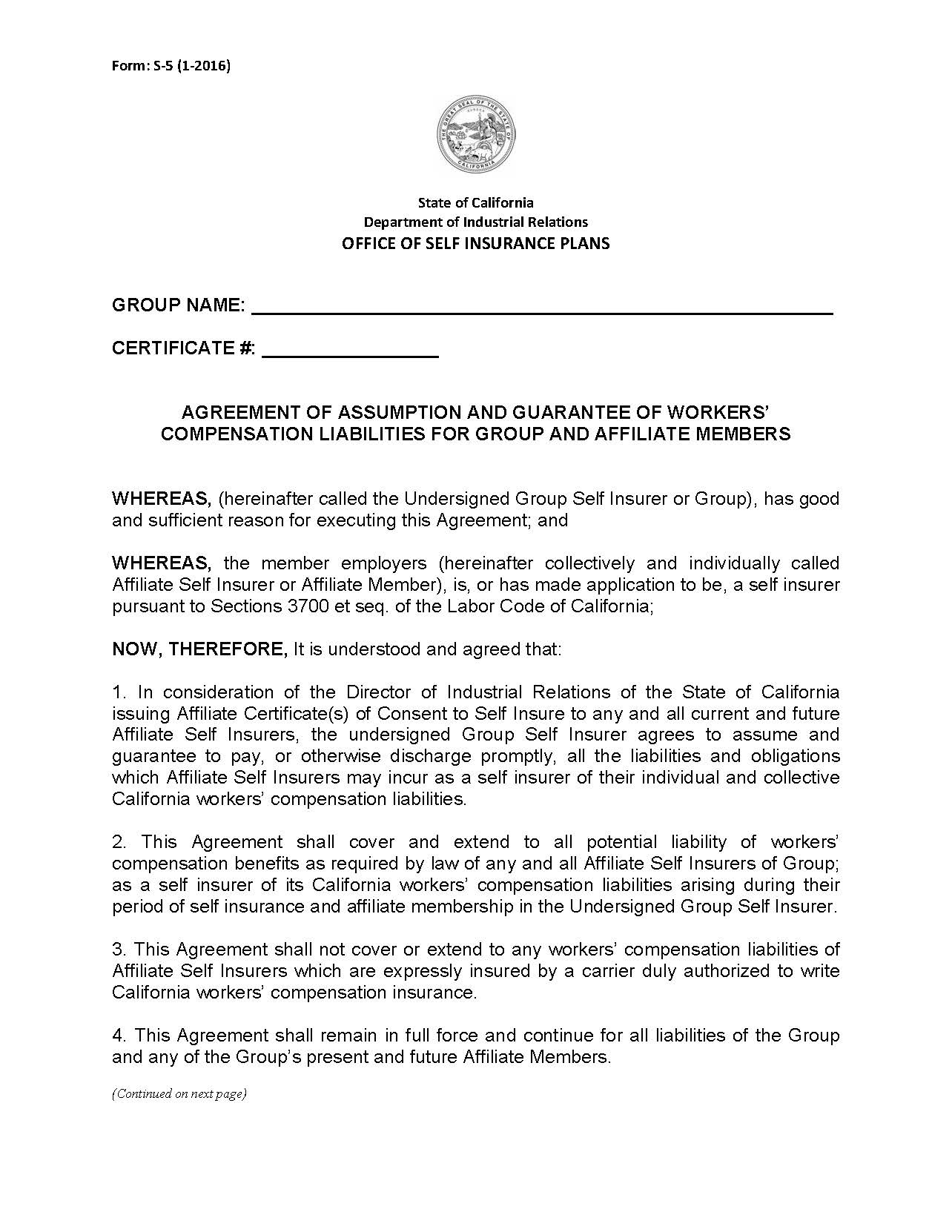 Form S-5 Agreement Of Assumption And Guarantee Of Workers Compensation {S-5} | Pdf Fpdf Doc Docx | California