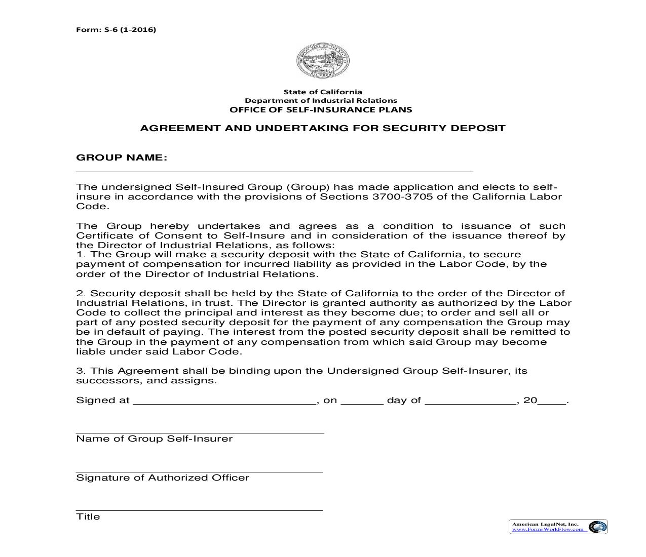 Form S-6 Agreement And Undertaking For Security Deposit {S-6} | Pdf Fpdf Doc Docx | California