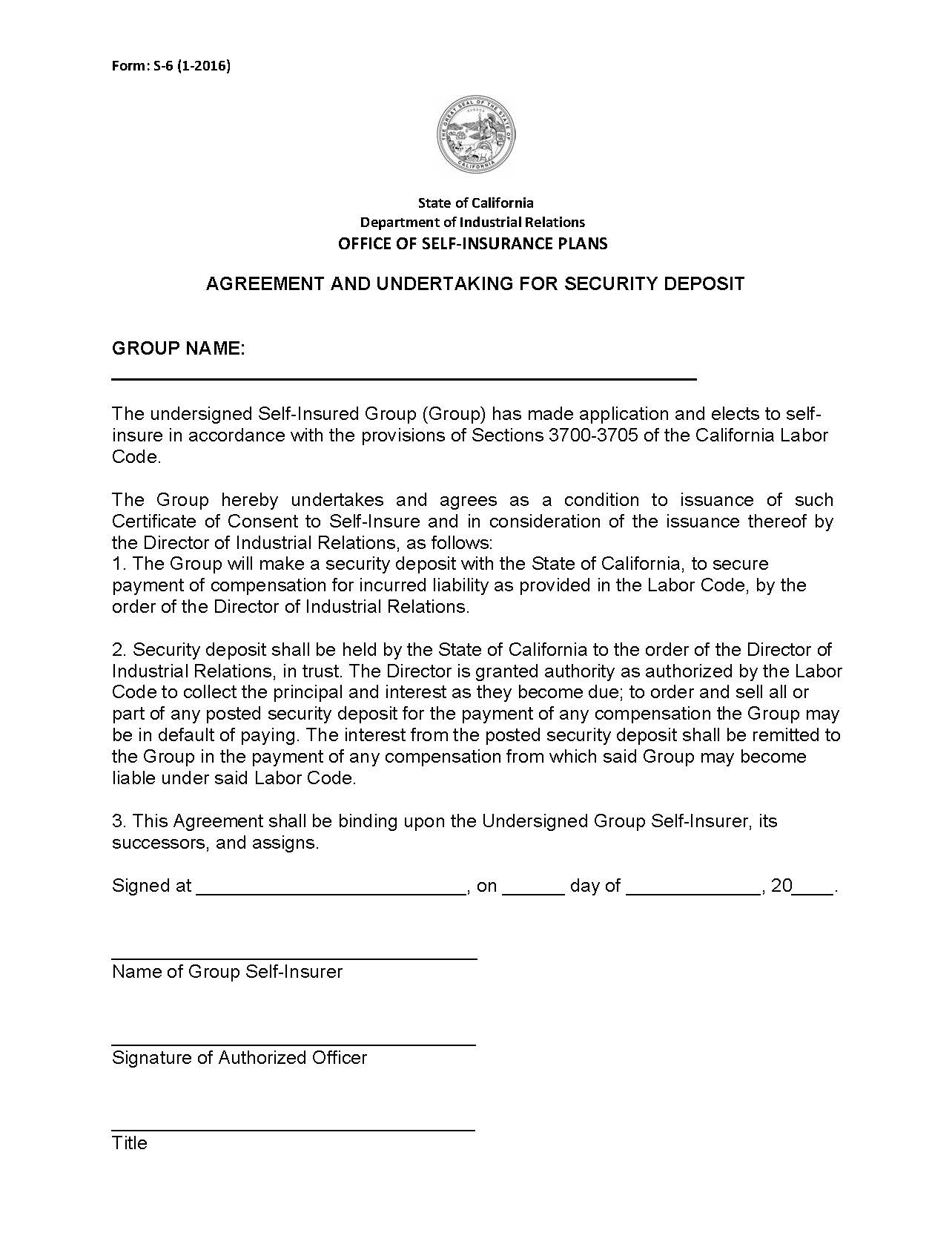 Form S-6 Agreement And Undertaking For Security Deposit {S-6} | Pdf Fpdf Doc Docx | California