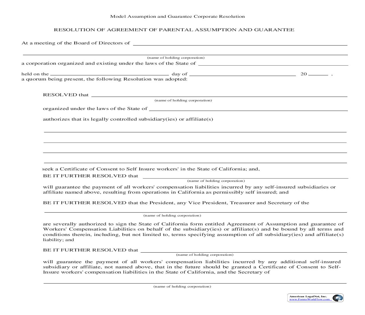Resolution Of Agreement Of Parental Assumption And Guarantee | Pdf Fpdf Doc Docx | California