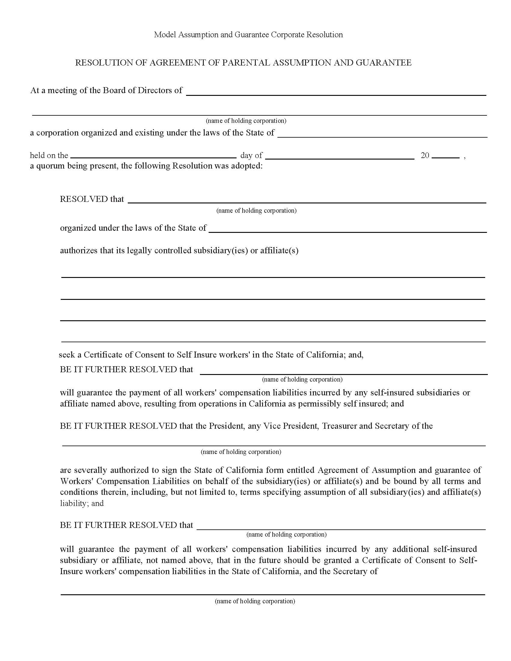 Resolution Of Agreement Of Parental Assumption And Guarantee | Pdf Fpdf Doc Docx | California