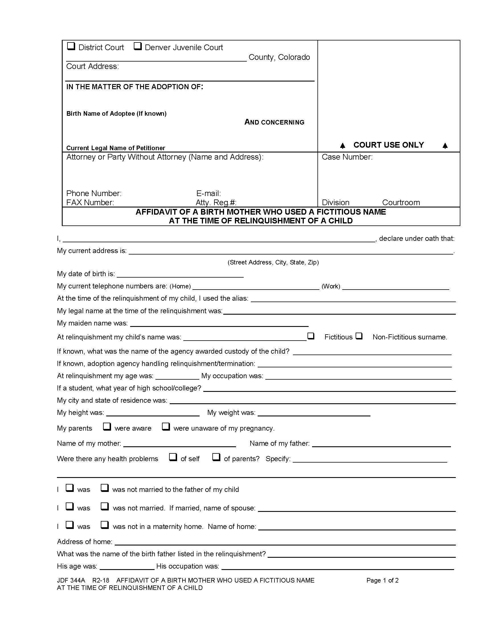 Affidavit Of A Birth Mother Who Used A Fictitious Name At Time Of Relinquishment Of Child {JDF 344A} | Pdf Fpdf Docx | Colorado