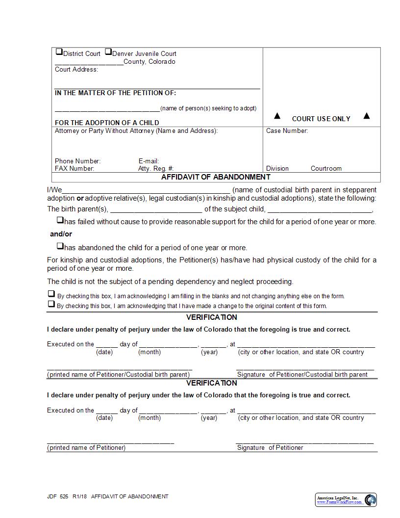 Affidavit Of Abandonment {JDF 525} | Pdf Fpdf Docx | Colorado