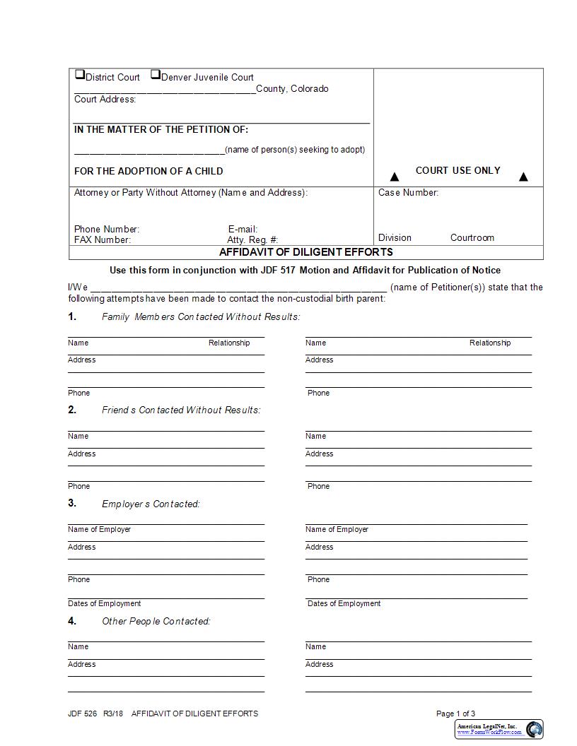 Affidavit Of Diligent Efforts {JDF 526} | Pdf Fpdf Docx | Colorado