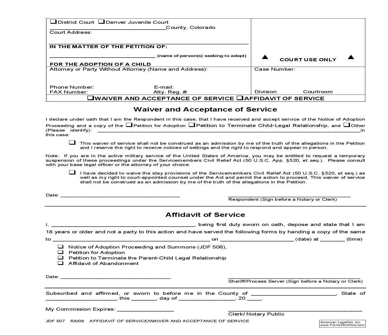 Affidavit Of Service Or Waiver And Acceptance Of Service {JDF 507} | Pdf Fpdf Doc Docx | Colorado