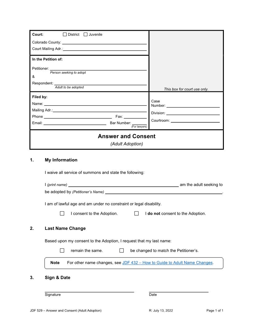 Answer Consent For Adult Adoption {JDF 529} | Pdf Fpdf Docx | Colorado