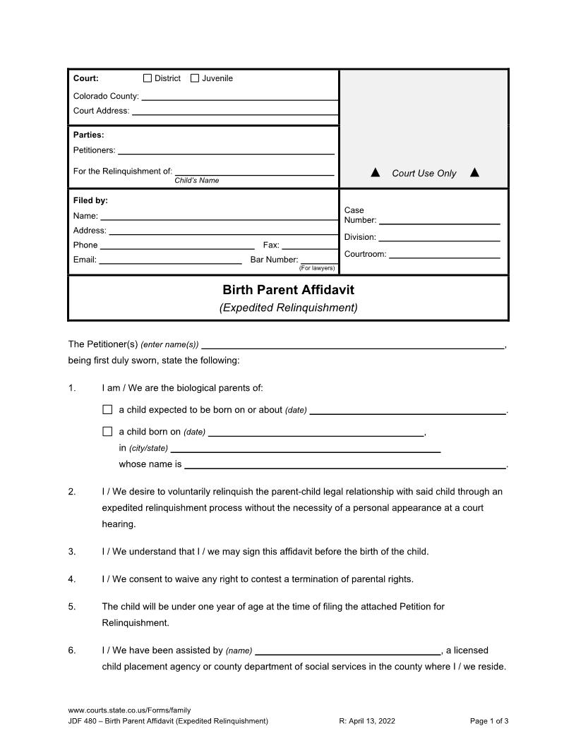 Birth Parent Affidavit (Expedited Relinquishment) {JDF 480} | Pdf Fpdf Docx | Colorado