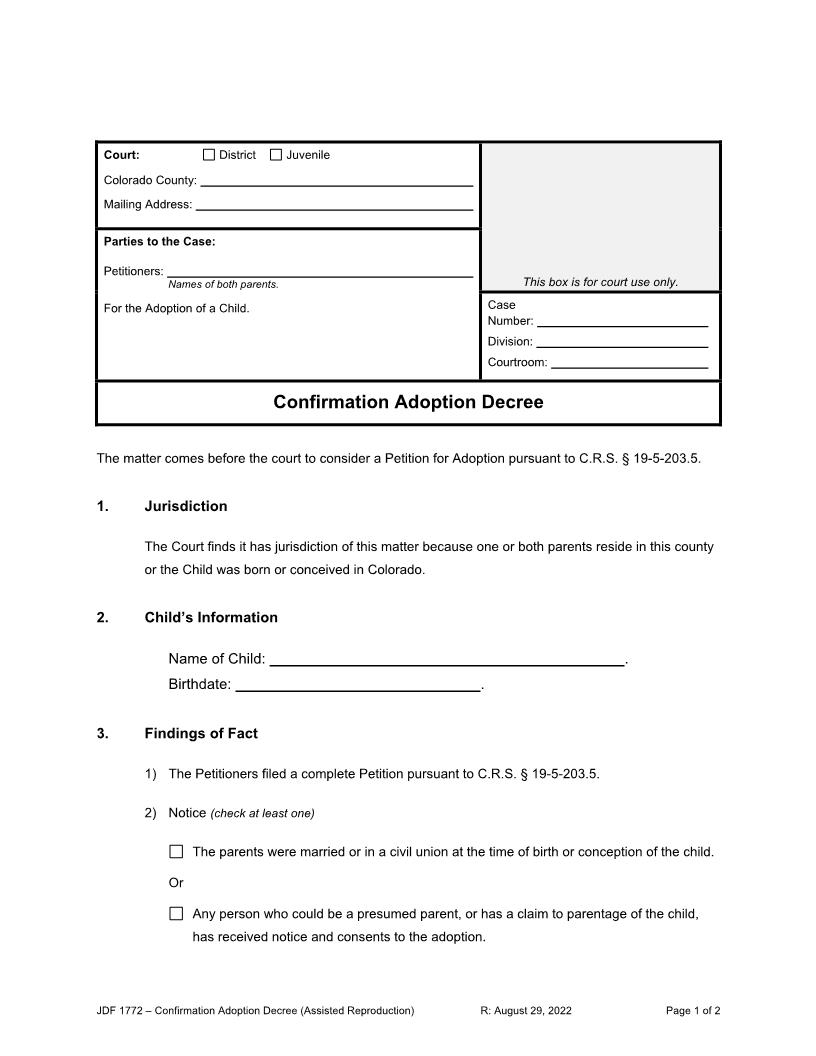 Confirmation Adoption Decree (Assisted Reproduction) {JDF 1772} | Pdf Fpdf Docx | Colorado