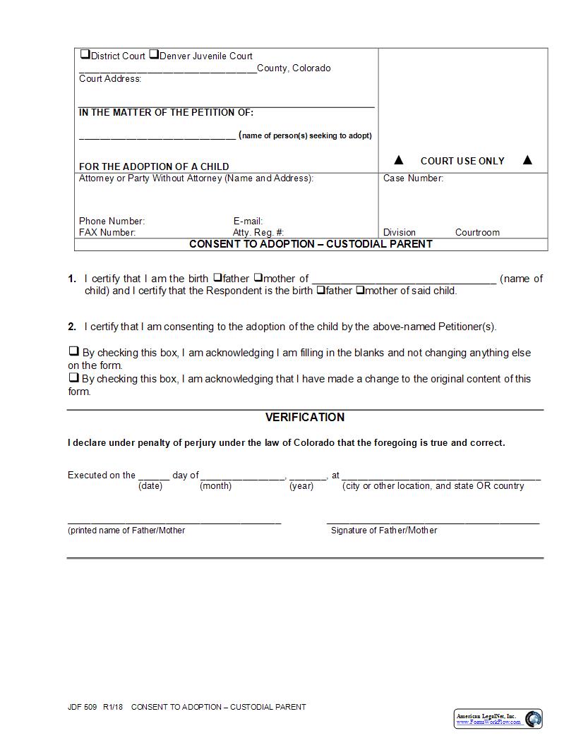 Consent Of Adoption Custodial Parent {JDF 509} | Pdf Fpdf Docx | Colorado