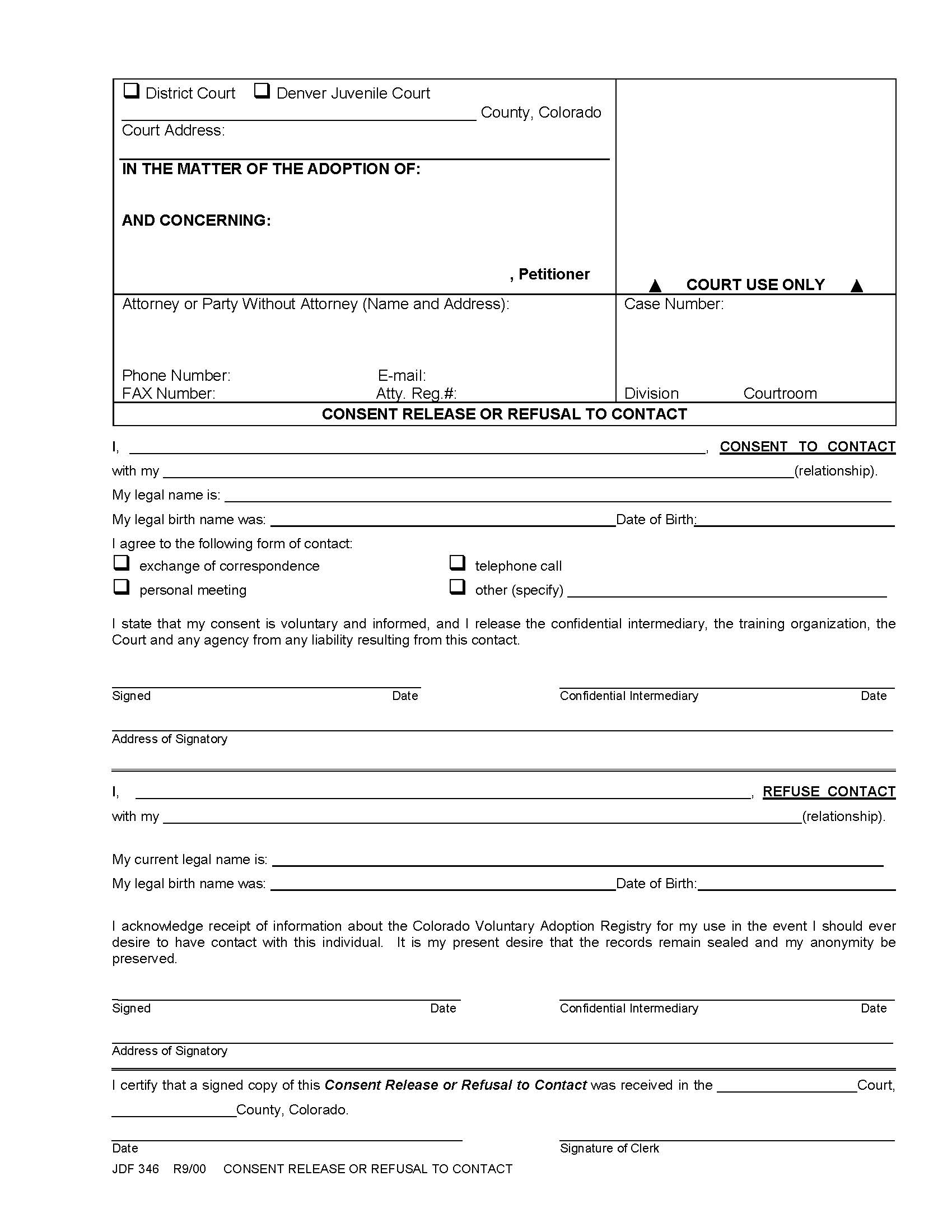 Consent Release Or Refusal To Contact {JDF 346} | Pdf Fpdf Doc Docx | Colorado