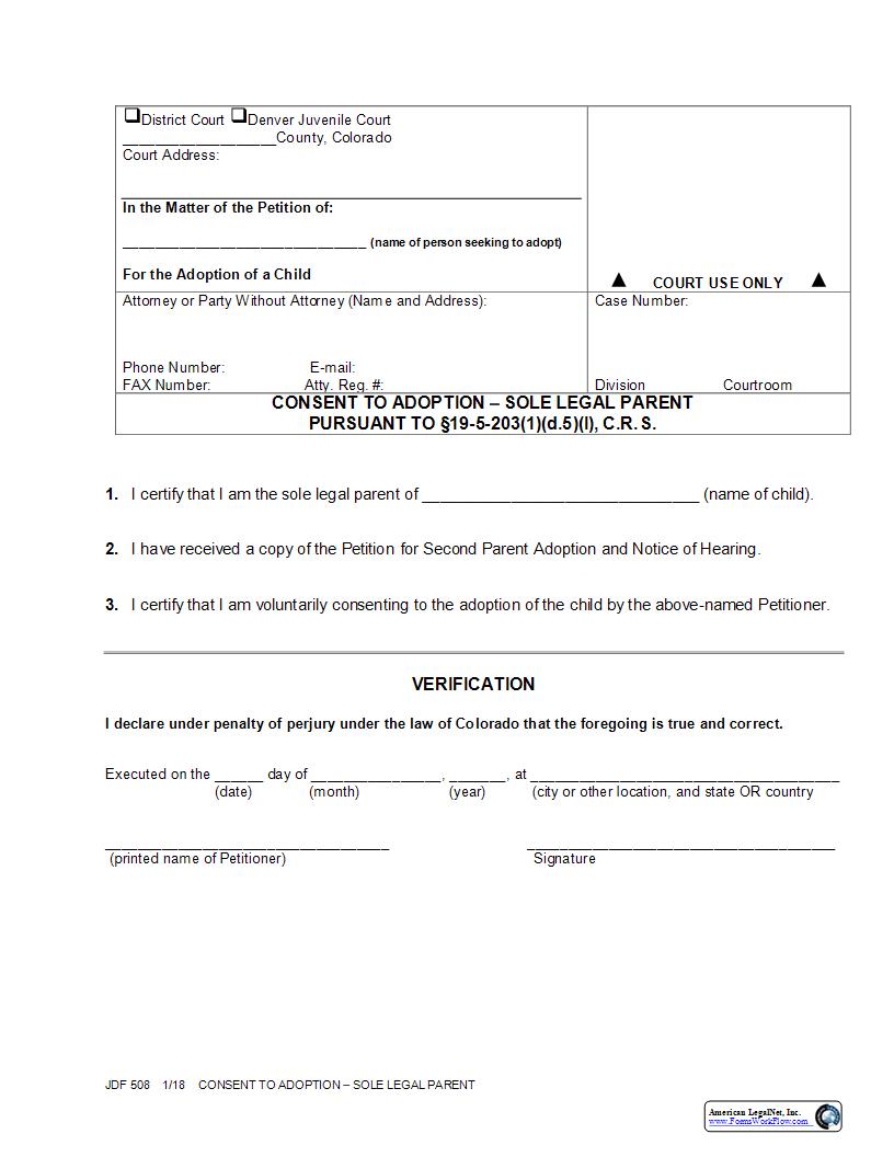 Consent To Adoption - Sole Legal Parent {JDF 508} | Pdf Fpdf Docx | Colorado