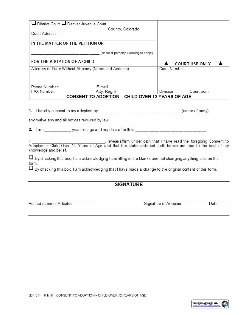 Consent To Adoption Child Over Twelve Years Of Age {JDF 511} | Pdf Fpdf Docx | Colorado