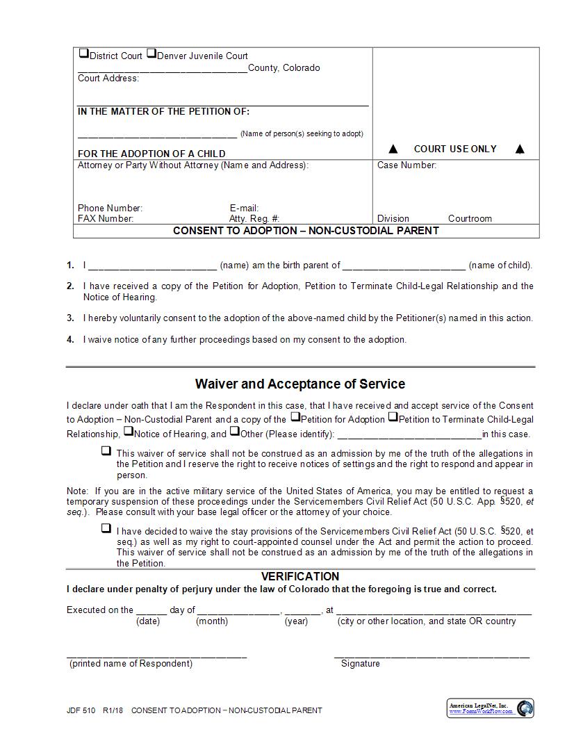 Consent To Adoption Non Custodial Parent {JDF 510} | Pdf Fpdf Docx | Colorado