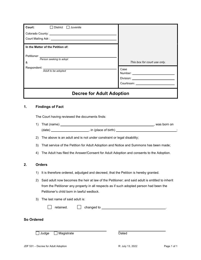 Decree For Adult Adoption {JDF 531} | Pdf Fpdf Docx | Colorado